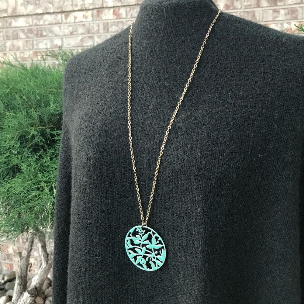 Long Gold Necklace with Turquoise Flower Pendant